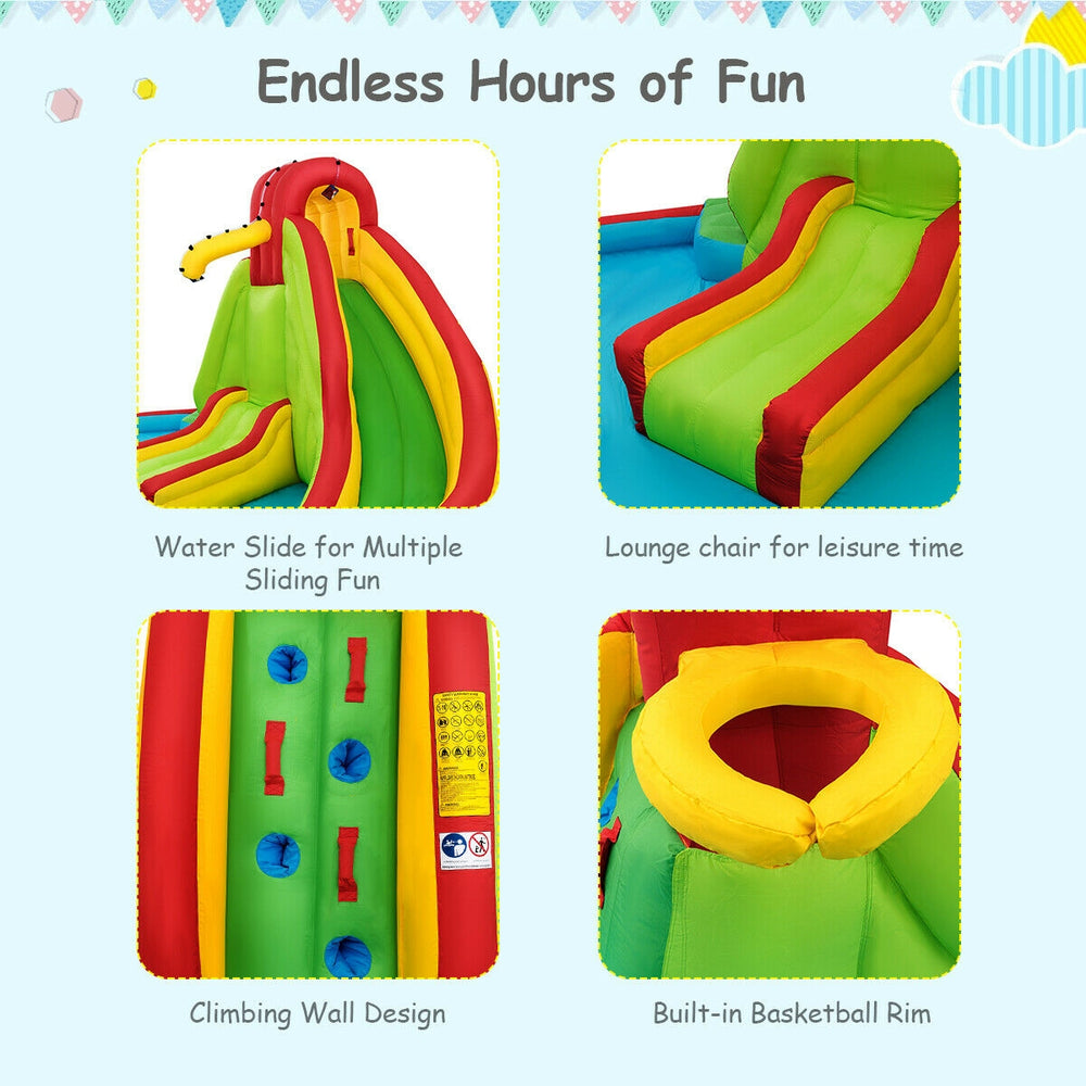 Kid's inflatable water slide bounce house featuring a climbing wall, lounge chair, and built-in basketball rim for.
