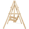 Outdoor wooden swing chair with rustic curved back, made of fir wood, perfect for patio and garden relaxation.