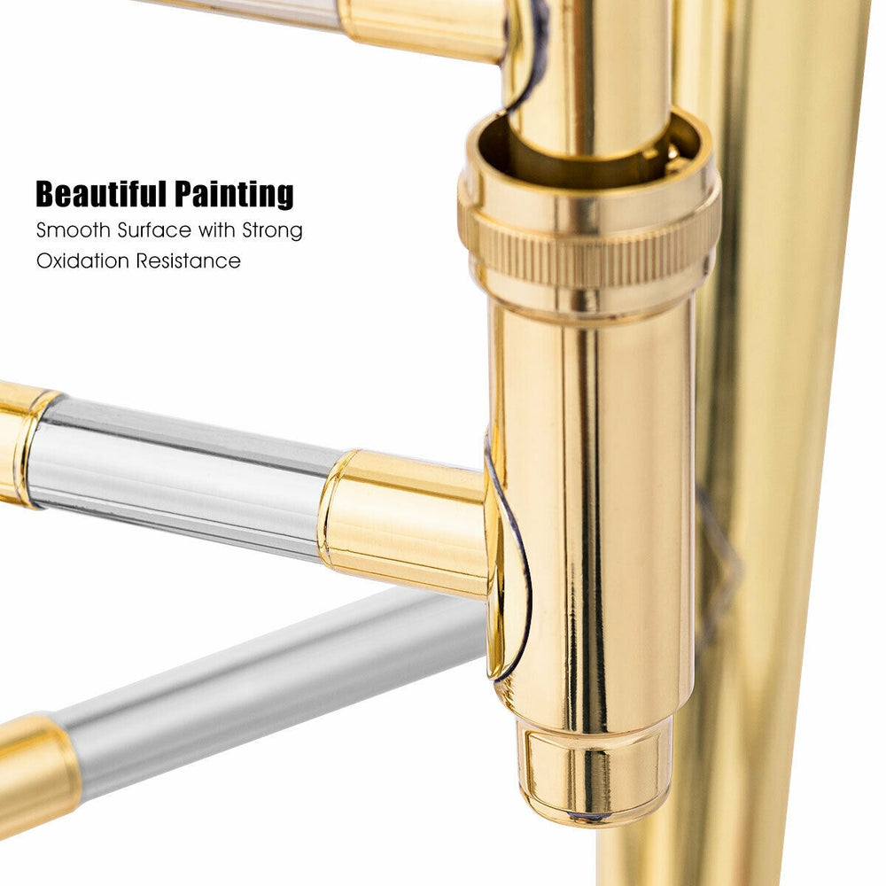 Close-up of the B Flat Trombone's gold lacquer finish and durable brass construction, showcasing strong oxidation.