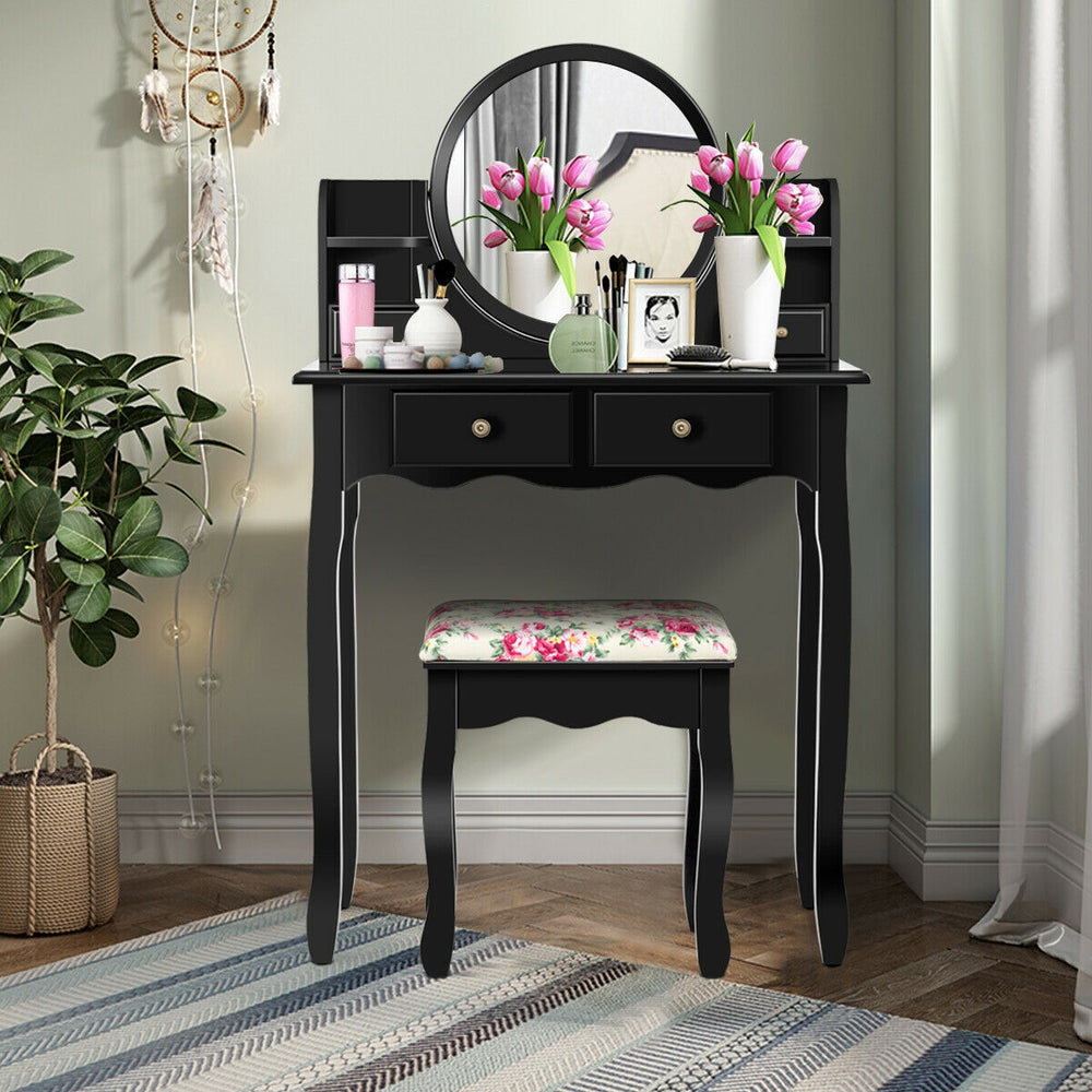 Makeup Vanity Table Set Girls Dressing Table with Drawers Oval Mirror-Black - Gallery View 1 of 11