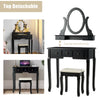 Black 5 drawers vanity table set with detachable oval mirror and cushioned stool, featuring 12 LED bulbs for perfect.