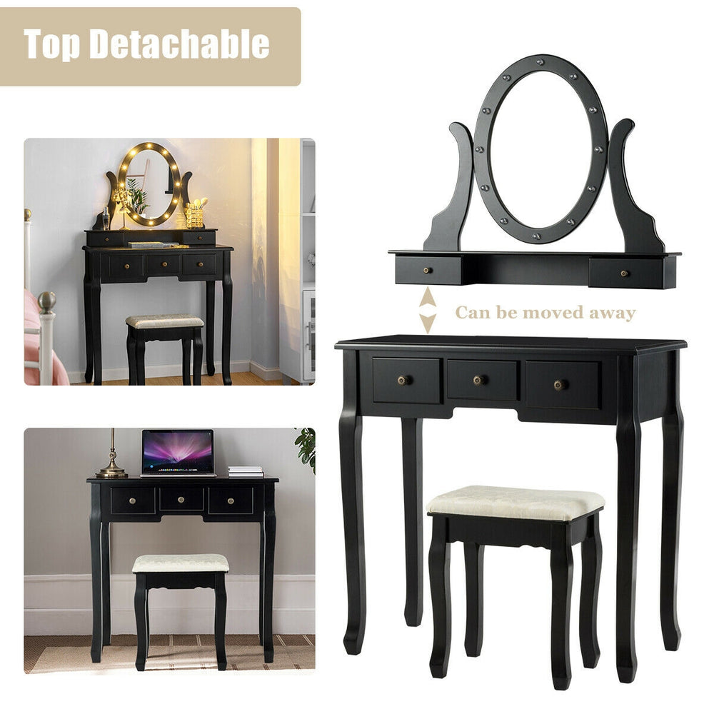 Black 5 drawers vanity table set with detachable oval mirror and cushioned stool, featuring 12 LED bulbs for perfect.