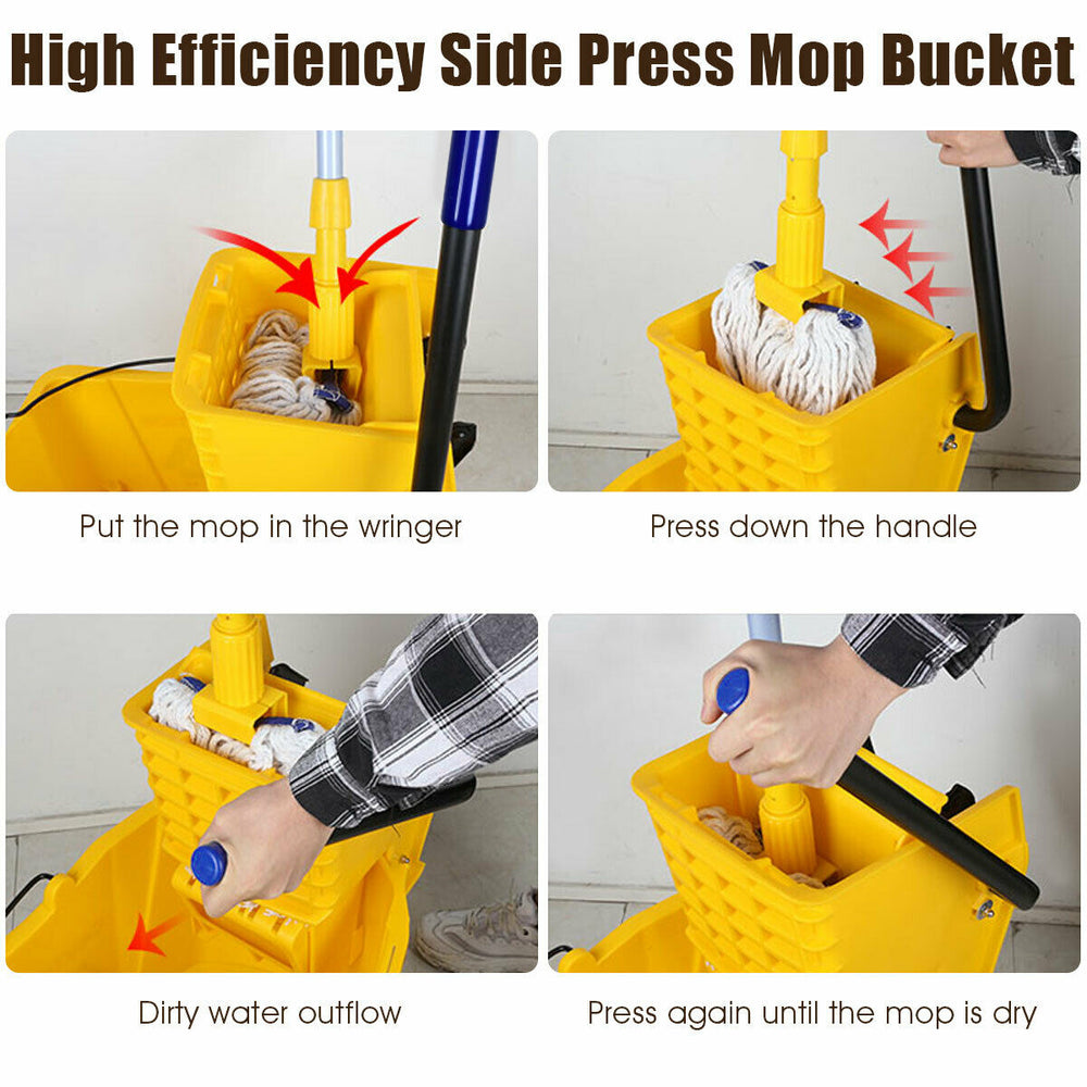 26 Quart side press wringer mop bucket with rubber wheels, ergonomic handle, and bright yellow color for easy.