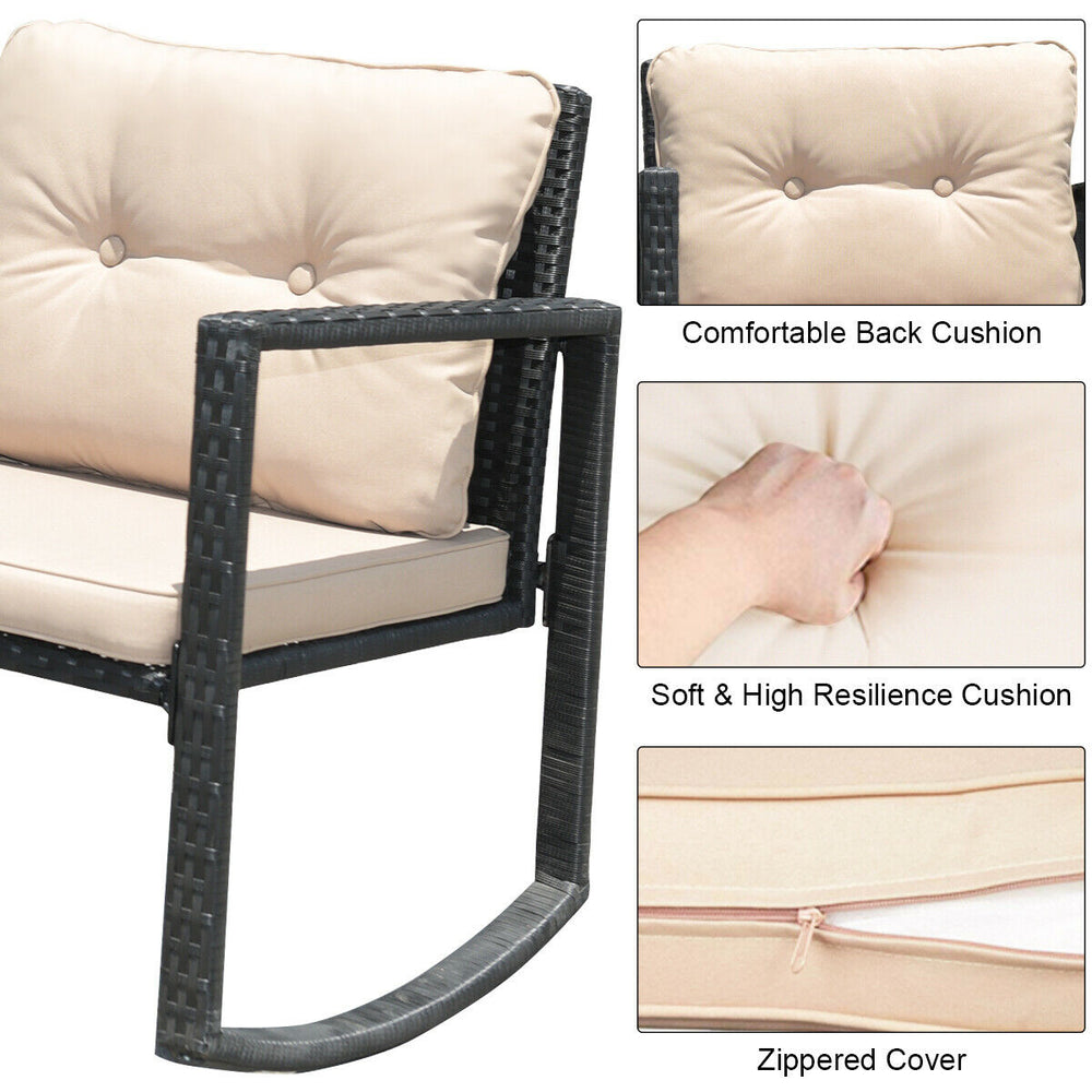 Beige rocking chair with soft cushion and zippered cover, part of a 3-piece wicker bistro set for outdoor relaxation.