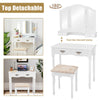 White vanity set with tri-fold mirror, four storage drawers, and cushioned stool for comfortable makeup application.