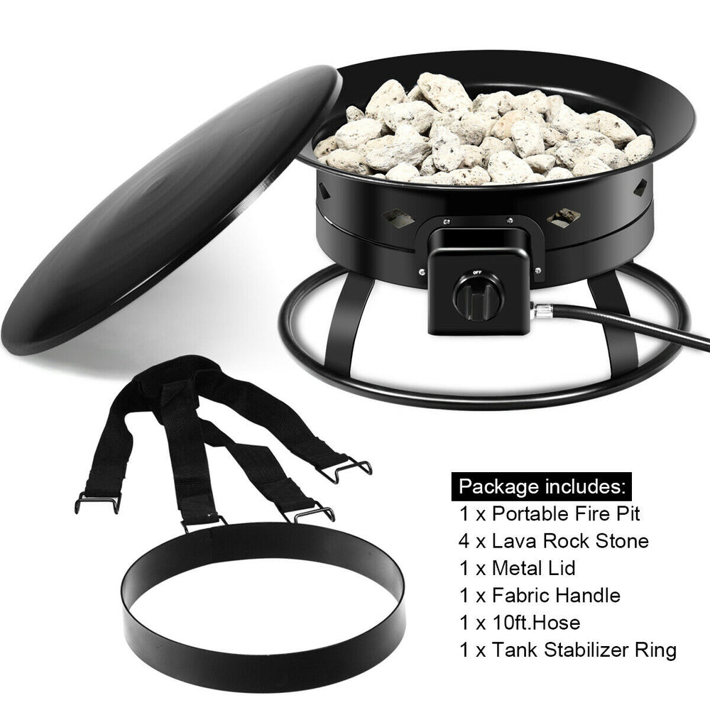 Portable propane fire pit with black powder-coated iron, lava rocks, and metal lid, perfect for camping and outdoor.