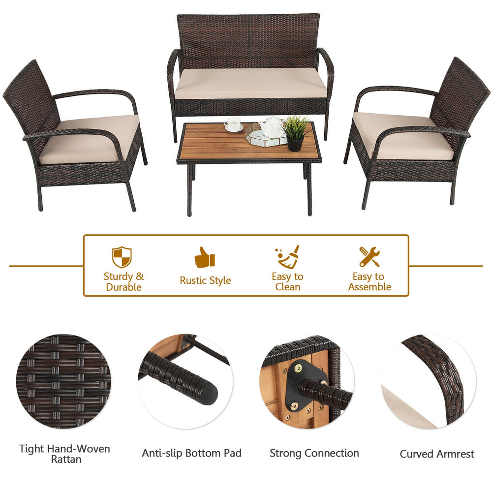 Costway Cushioned Wicker Conversation Set with Acacia Wood Tabletop 4 Pieces New