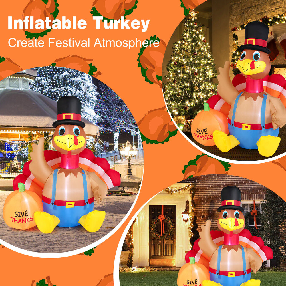 6-foot inflatable turkey with pumpkin, featuring bright LED lights, perfect for Thanksgiving lawn decor and festive.