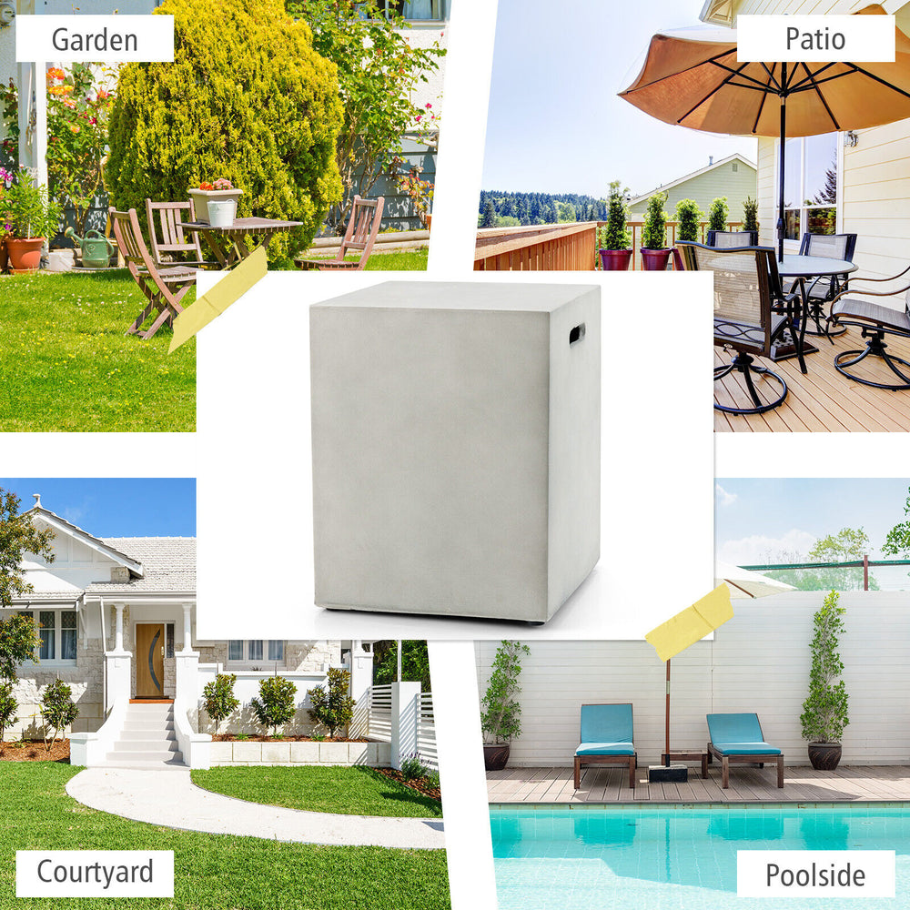 Gray propane tank cover hideaway table for standard 20 pounds tank, perfect for garden, patio, or poolside use.