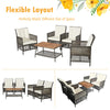 Flexible 5-piece patio rattan furniture set showcasing the cozy armchairs and spacious acacia wood coffee table for.
