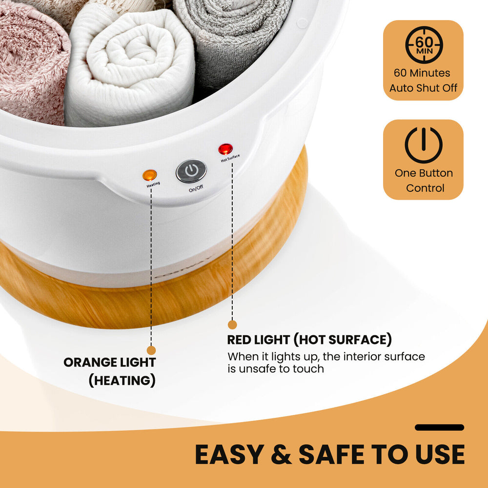 Bathroom towel warmer bucket with fragrance holder, auto shut-off, and one-touch control for easy operation.