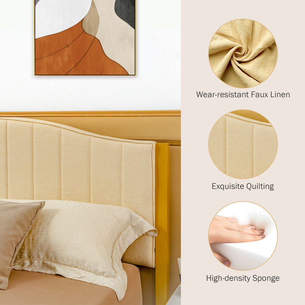 Quilted headboard of the queen size upholstered bed frame in wear-resistant faux linen with high-density sponge for.