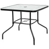35-inch square patio dining table with tempered glass top, heavy-duty steel frame, and umbrella hole for outdoor.