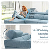 L-shaped blue sofa couch with adjustable headrests, featuring thick cushions and ergonomic design for ultimate comfort.