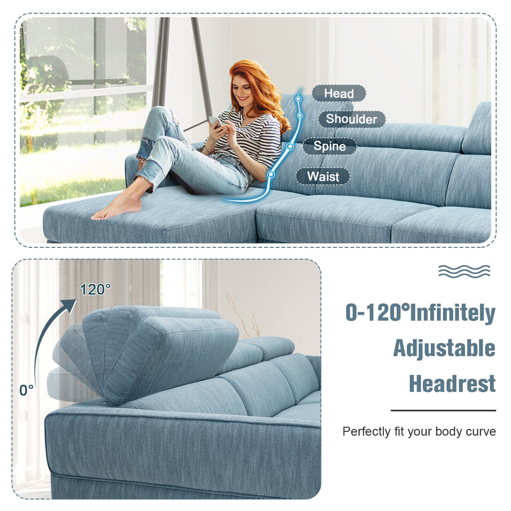 L-shaped blue sofa couch with adjustable headrests, featuring thick cushions and ergonomic design for ultimate comfort.