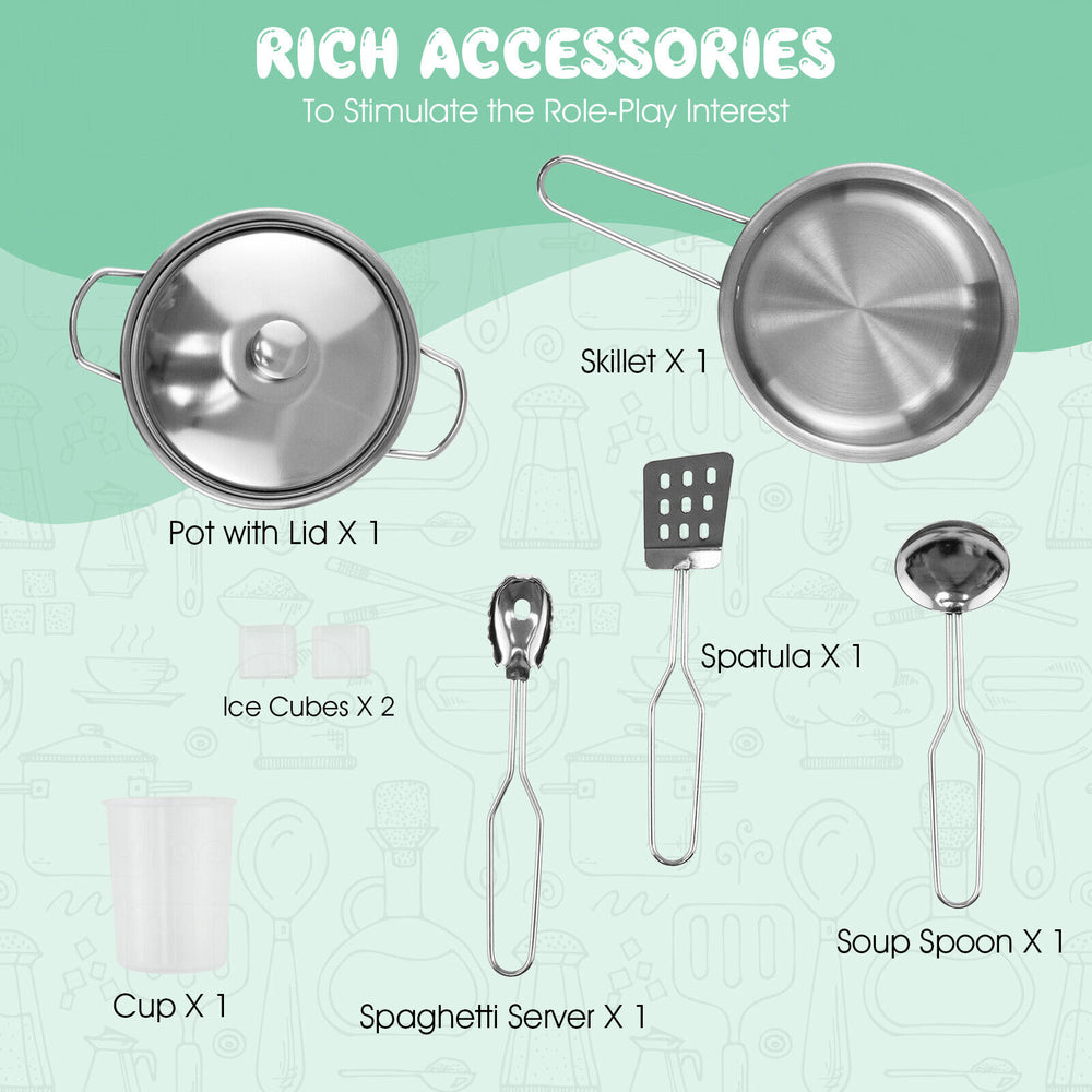 Stainless steel cookware set including pot, skillet, spatula, and serving tools for kids' kitchen playset.