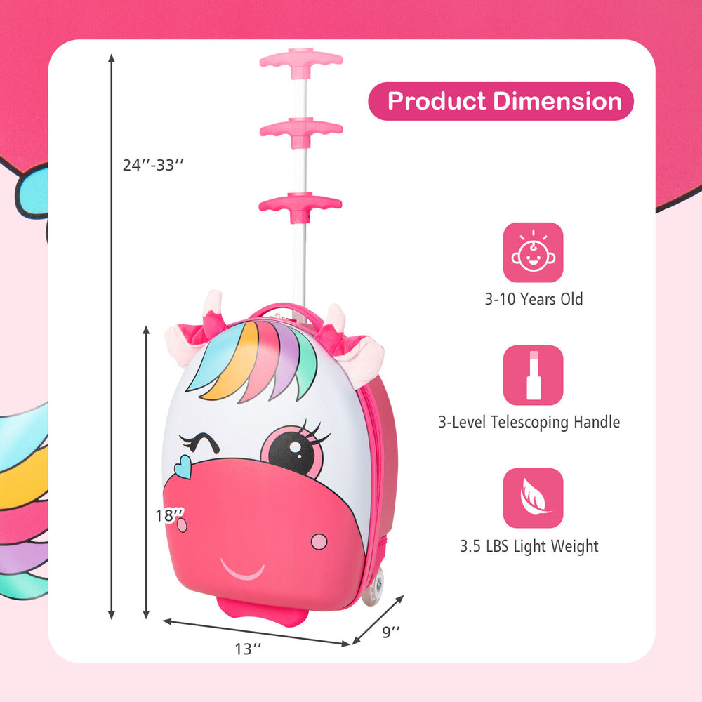 Kids rolling luggage in pink with cute ears, 16 inches, 3-level telescoping handle, and 2 flashing wheels for travel.