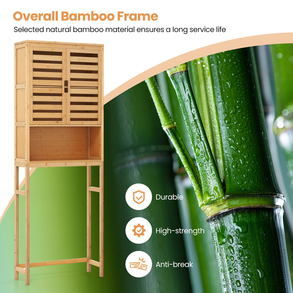 Bamboo over-the-toilet storage cabinet with adjustable shelf, durable design, ideal for bathroom space-saving.
