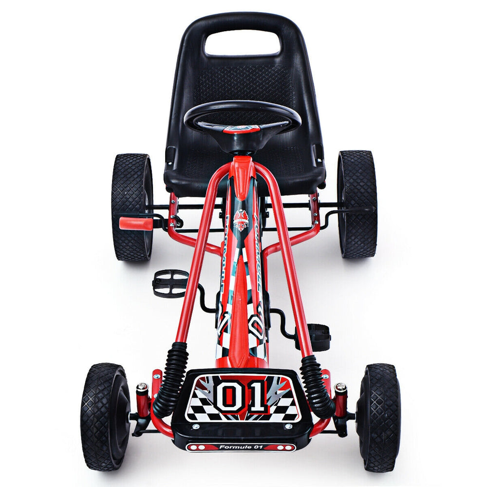Red pedal-powered go-kart for kids aged 3 to 8, featuring four rubber wheels and an ergonomic adjustable seat.