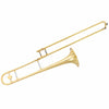 B Flat trombone in golden brass with a lacquer finish, featuring a cupro-nickel mouthpiece, ideal for music enthusiasts.