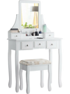 White makeup dressing vanity set with 5 drawers, removable top, and padded stool for a stylish and functional setup.