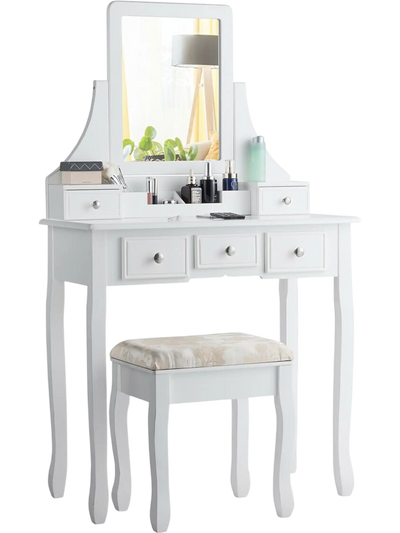 Costway Makeup Vanity Set Mirror Cushioned Stool 37526894 New