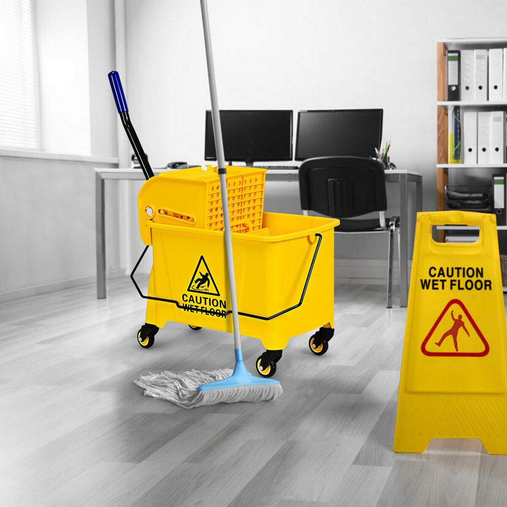 21 quart yellow mop bucket with side press wringer and wheels, designed for easy mobility and water separation.