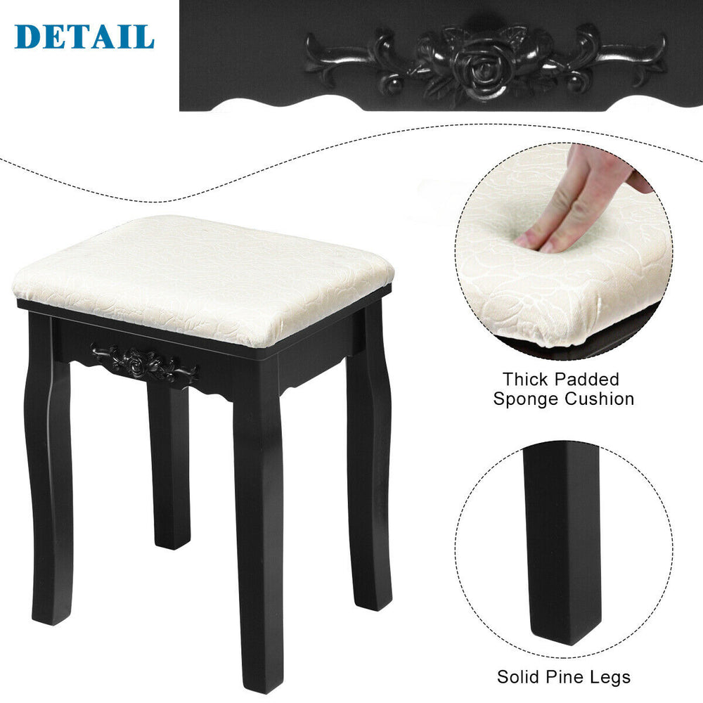 Cushioned stool with thick padded sponge, solid pine legs, designed for the black vanity dressing table.