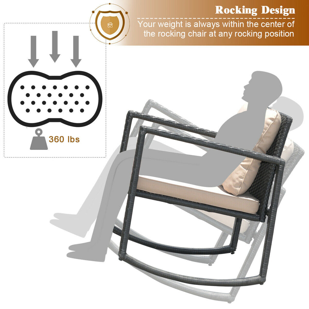 Beige rocking chair from the 3 Pcs Wicker Rocking Bistro Set, featuring soft cushions and sturdy steel frame for.