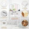 Simple vanity set with tri-fold mirror, four storage drawers, and cushioned stool for bedroom makeup organization.