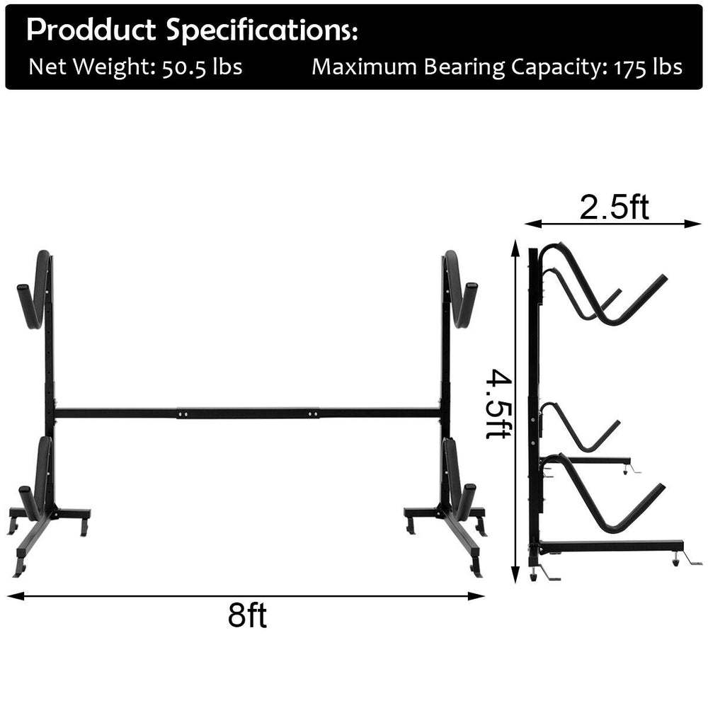 Freestanding height adjustable dual kayak storage rack with removable hooks, heavy-duty steel frame, and 175 lbs.