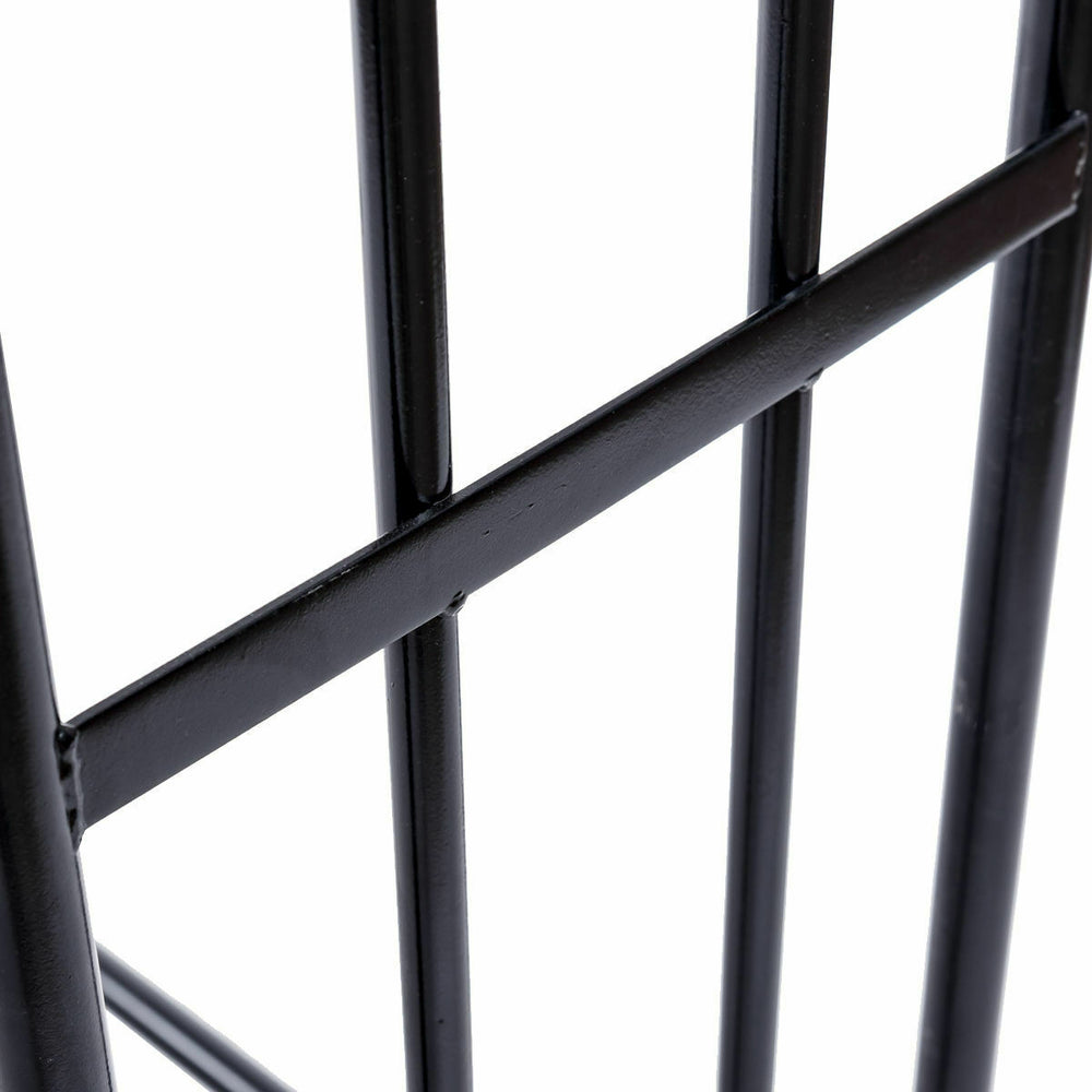 Close-up of the heavy-duty steel frame of a 4-foot outdoor firewood storage rack with a black powder-coated finish.