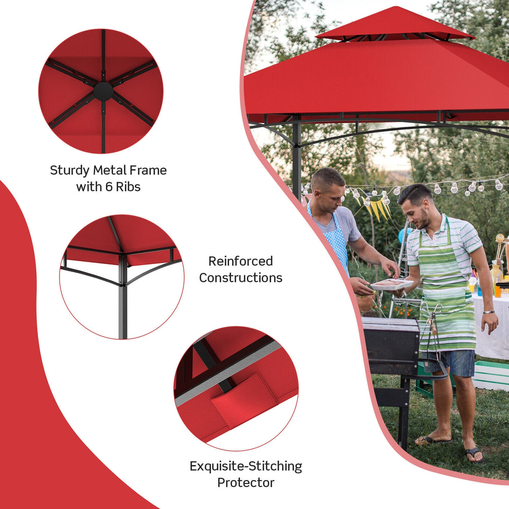 Red outdoor barbecue grill gazebo with double roof, sturdy metal frame, and 360-degree ventilation for smoke control.