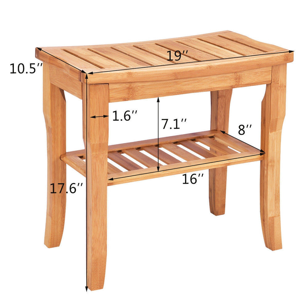 Bamboo shower chair bench with a bottom shelf, featuring dimensions for easy placement in bathrooms or saunas.