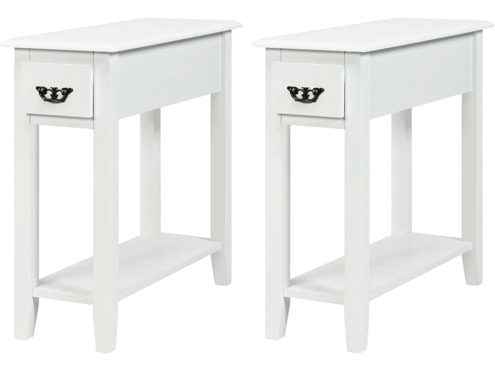 White 2-piece end table set featuring a drawer and open shelf, perfect for narrow spaces in living rooms or bedrooms.