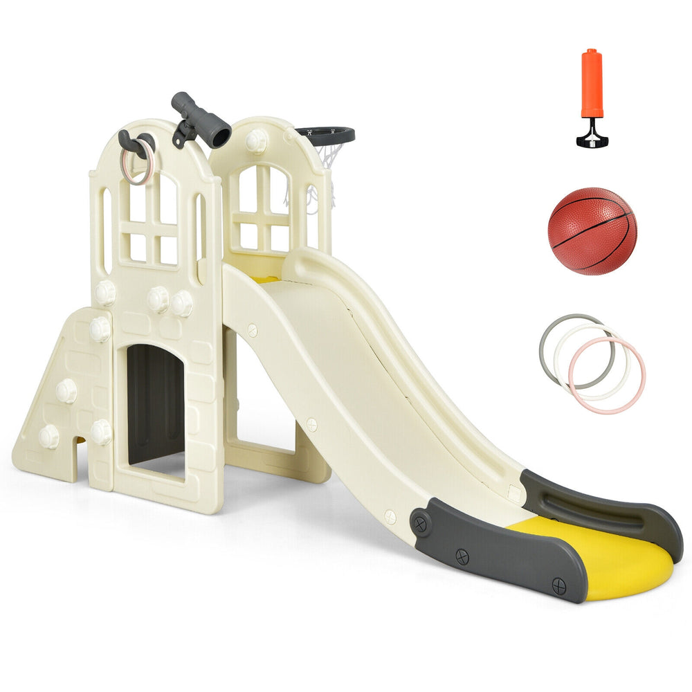 Multifunctional 6-in-1 kids slide playset with basketball hoop, tunnel, and climbing features for indoor and outdoor.