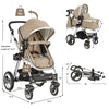 Folding aluminum baby stroller in beige with adjustable canopy, multi-position seat, and included diaper bag for.