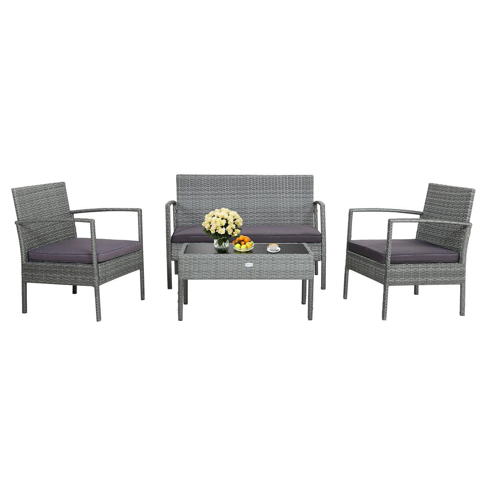 Single chair from the 4-piece outdoor rattan conversation set with cushion and curved armrest, perfect for patio.