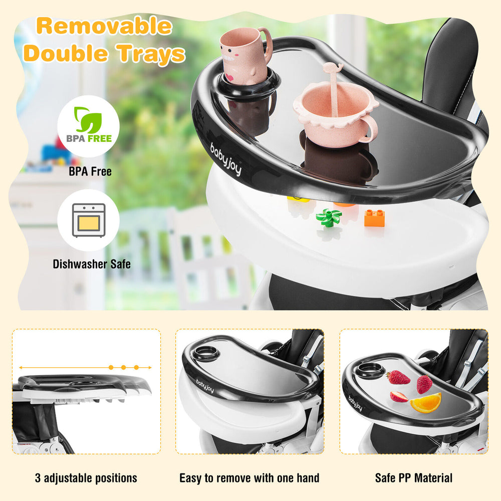 Adjustable baby high chair with removable double trays, BPA-free material, and lockable wheels for easy mobility.