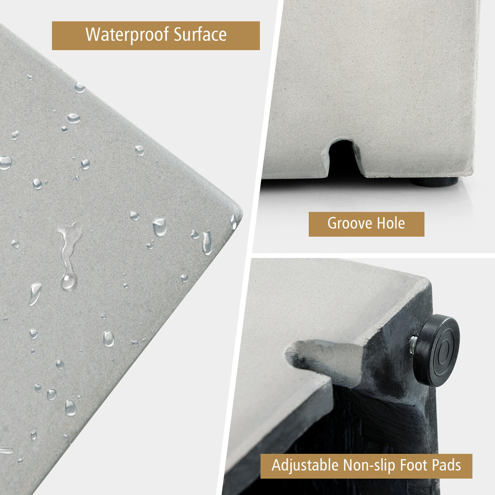 Close-up of the gray propane tank cover with waterproof surface, groove hole, and adjustable non-slip foot pads.