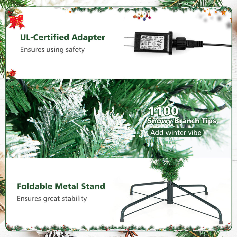Pre-lit 7.5 ft upside down Christmas tree with 1100 snowy tips and 400 LED lights, perfect for small spaces.