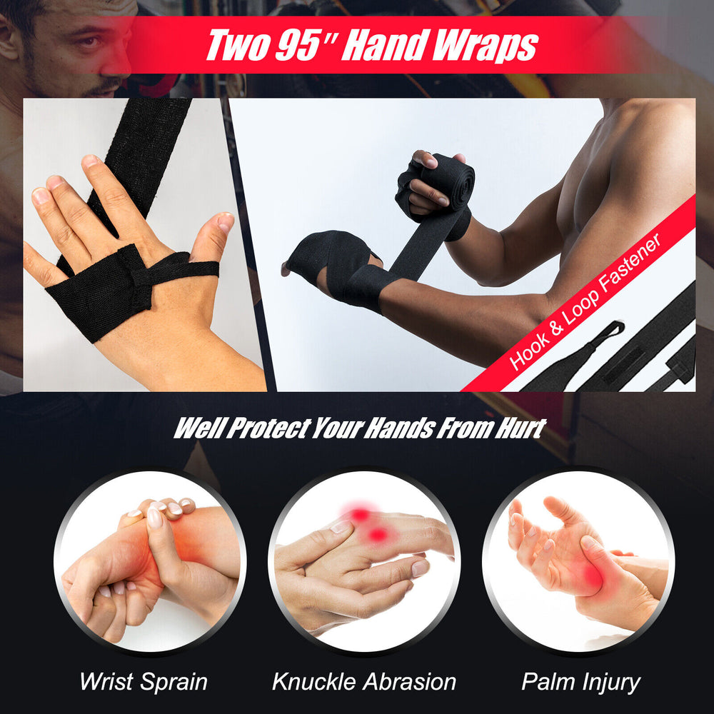 Two 95" hand wraps for boxing, made of durable material for wrist and knuckle protection during training.