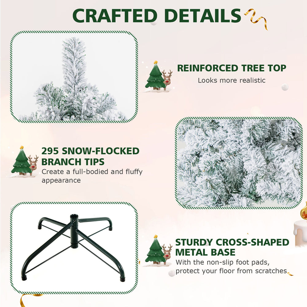 4.5 feet pre-lit snow flocked Christmas tree with 295 branch tips and sturdy cross-shaped metal base for stability.
