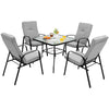 Square 35" patio dining table with tempered glass top and umbrella hole, suitable for outdoor gatherings with 4 people.