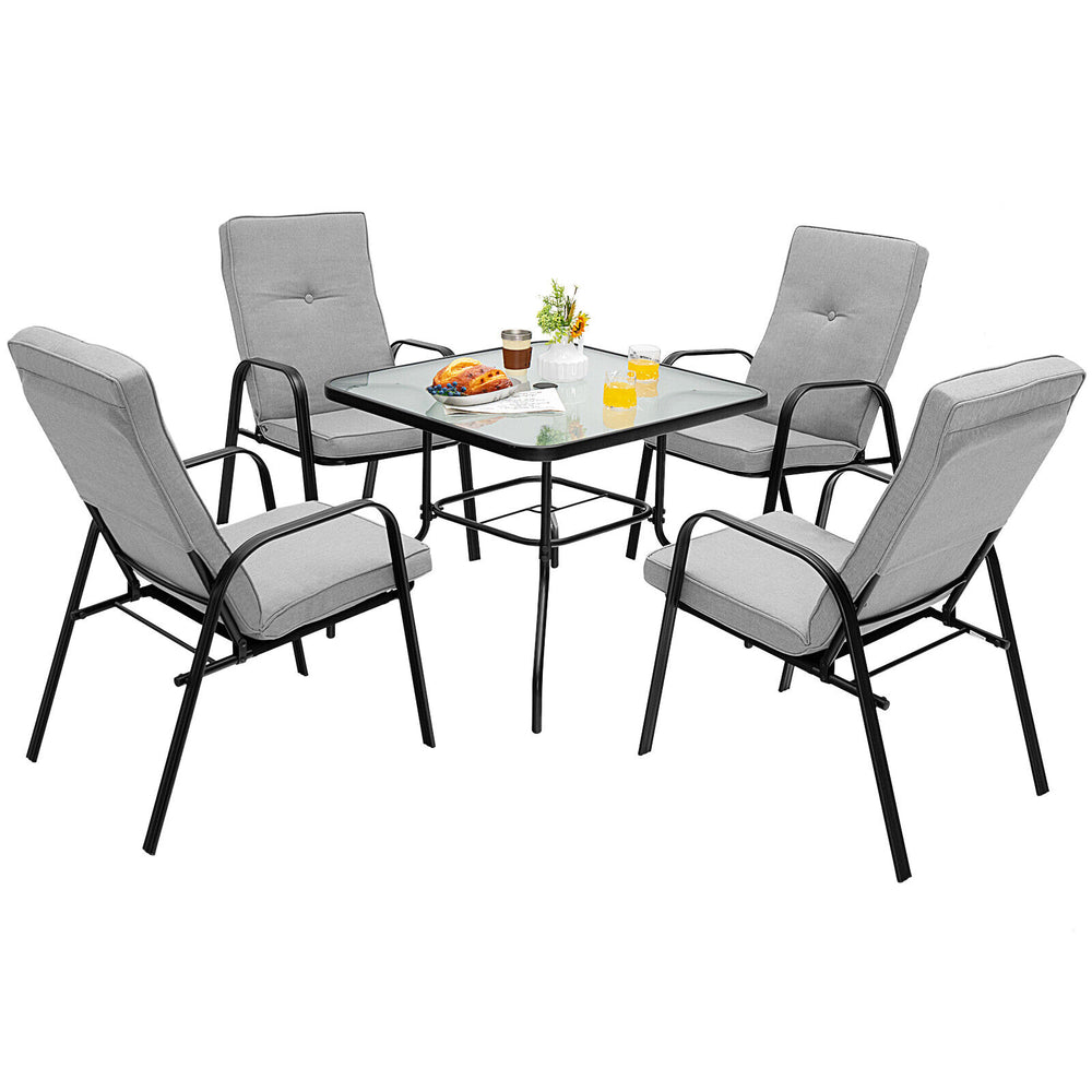 Square 35" patio dining table with tempered glass top and umbrella hole, suitable for outdoor gatherings with 4 people.