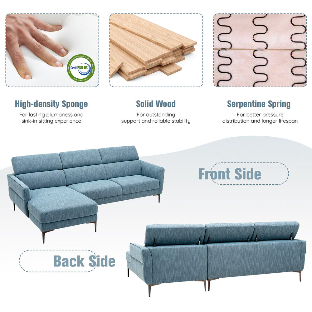 L-shaped blue sofa couch with adjustable headrests, thick cushions, and sturdy metal legs for living room comfort.