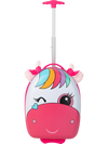 Kids rolling luggage in pink with a unicorn design, 16 inches, featuring flashing wheels and a telescoping handle.
