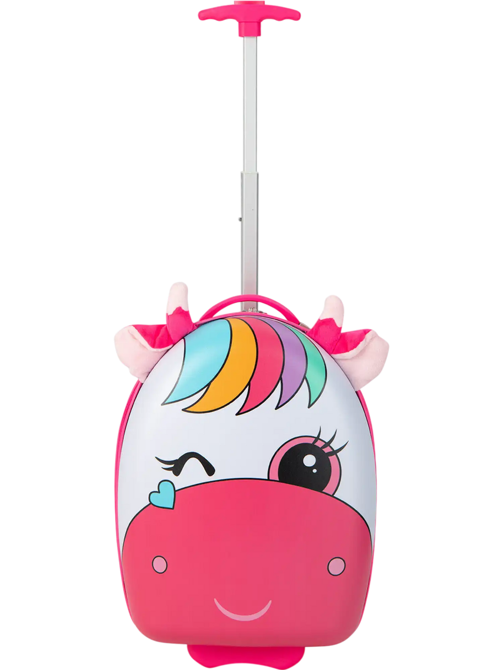 Kids rolling luggage in pink with a unicorn design, 16 inches, featuring flashing wheels and a telescoping handle.