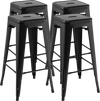 Set of 4 black 30-inch bar stools with square seat and handling hole, designed for kitchen or home bar use.