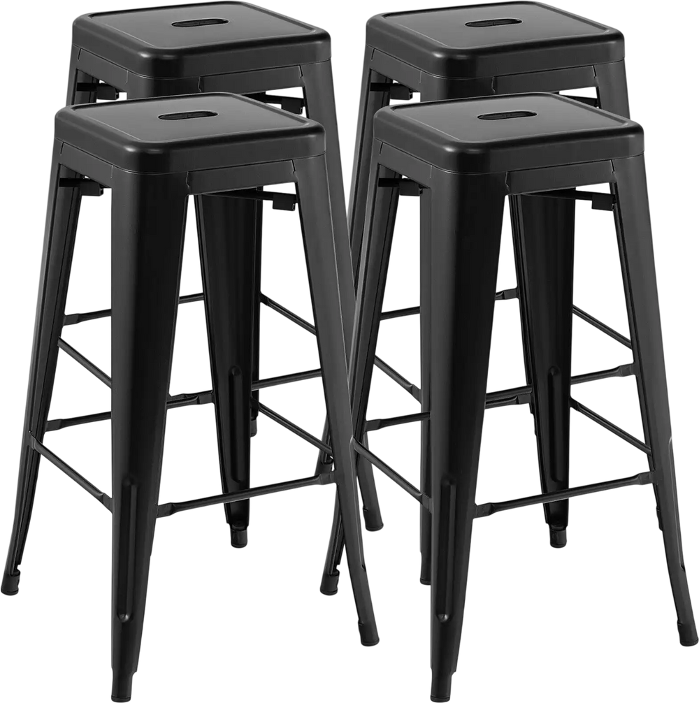 Set of 4 black 30-inch bar stools with square seat and handling hole, designed for kitchen or home bar use.